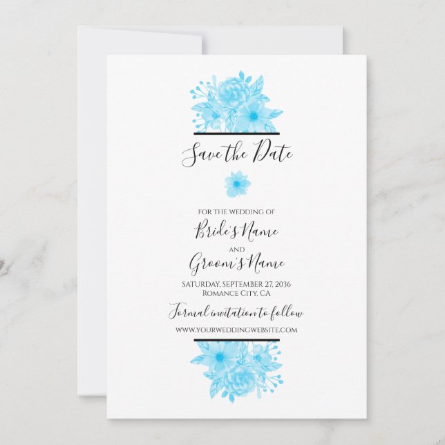 Elegant Blue Watercolor Floral Wedding Save The Date (Front)