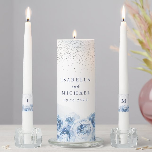 Elegant blue watercolor floral wedding unity candle set (In Situ)
