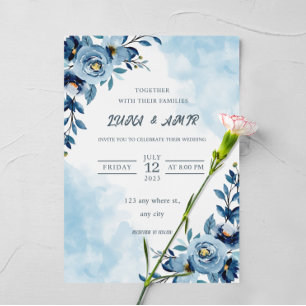elegant Blue Watercolor flower wedding Foil Invitation