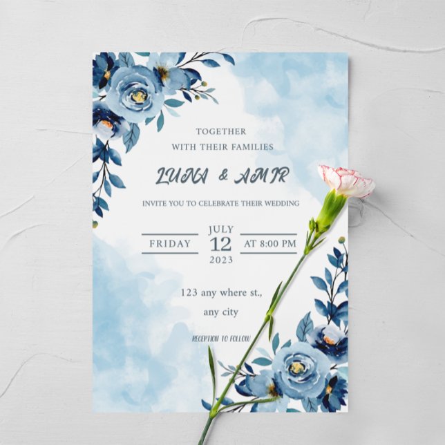elegant Blue Watercolor flower wedding Foil Invitation (Creator Uploaded)