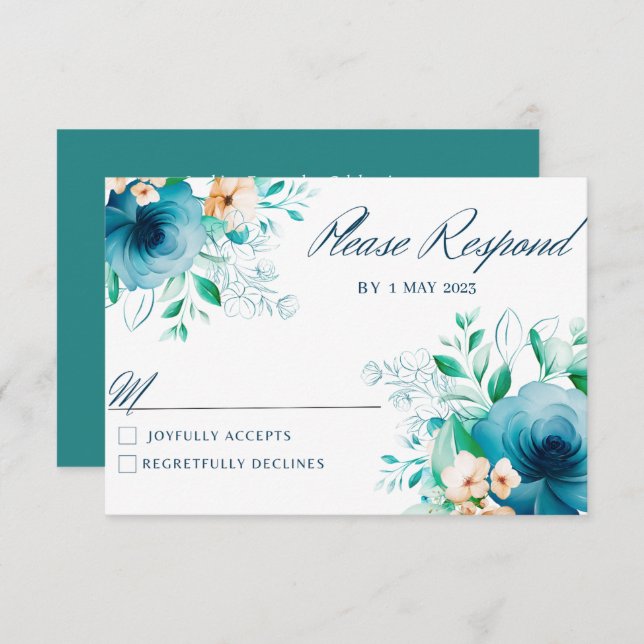 Elegant Blue Watercolor Flower Wedding RSVP cards (Front/Back)