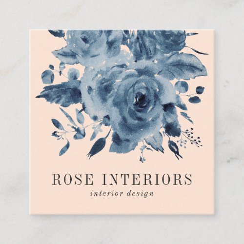 Elegant blue watercolor flowers roses blush pink square business card