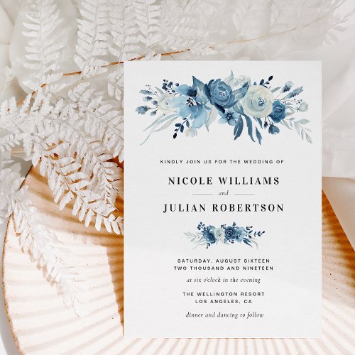 elegant blue watercolor flowers wedding invitation