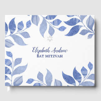 Elegant Blue Watercolor Foliage Bat Mitzvah Guest Book