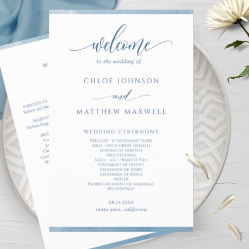 Elegant Blue Watercolor Frame Wedding Program