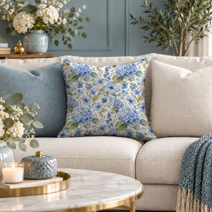 Elegant Blue Watercolor Garden Flowers Pillow