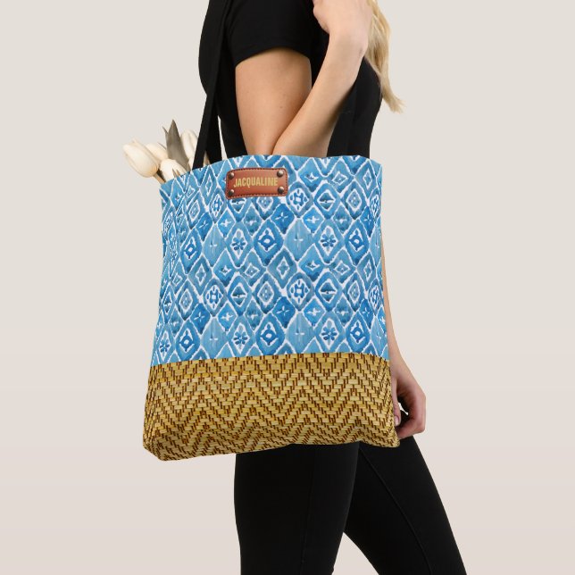 Elegant Blue Watercolor Geometric Rattan Look Tote Bag (Close Up)