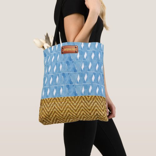 Elegant Blue Watercolor Geometric Rattan Look Tote Bag