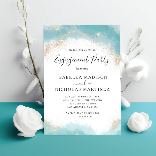 Elegant Blue Watercolor Gold Engagement Party Invitation (Creator Uploaded)