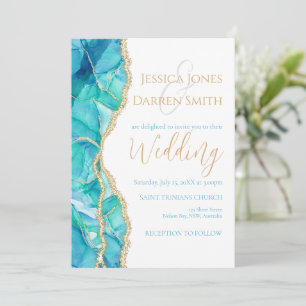 Elegant Blue Watercolor Gold Glitter Wedding Invitation