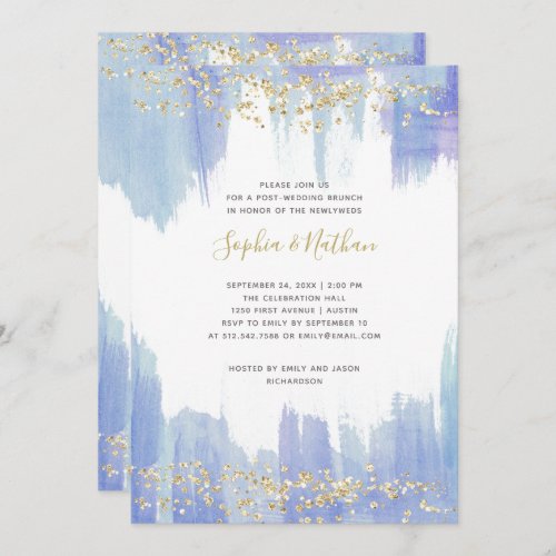 Elegant Blue Watercolor  Gold Post Wedding Brunch Invitation