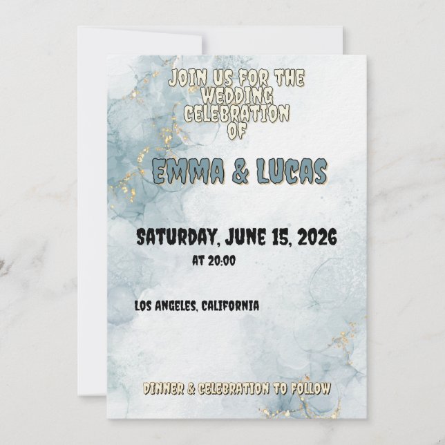 Elegant Blue Watercolor & Gold Wedding Invitation (Front)