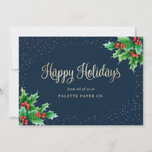 Elegant Blue Watercolor Holly Berries Business Holiday Card