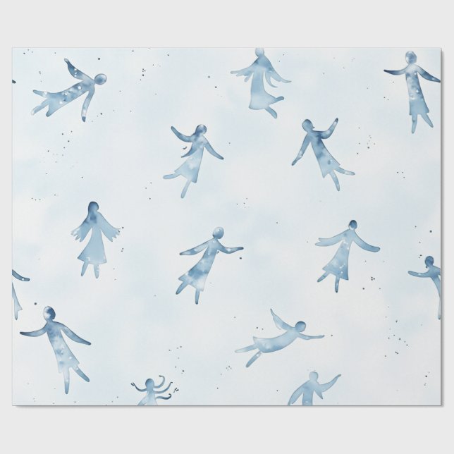 Elegant Blue Watercolor Human Silhouettes Pattern Wrapping Paper (Flat)