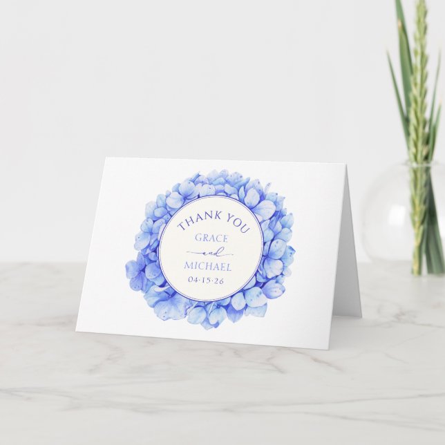 Elegant Blue Watercolor Hydrangea Custom Wedding  Thank You Card (Front)