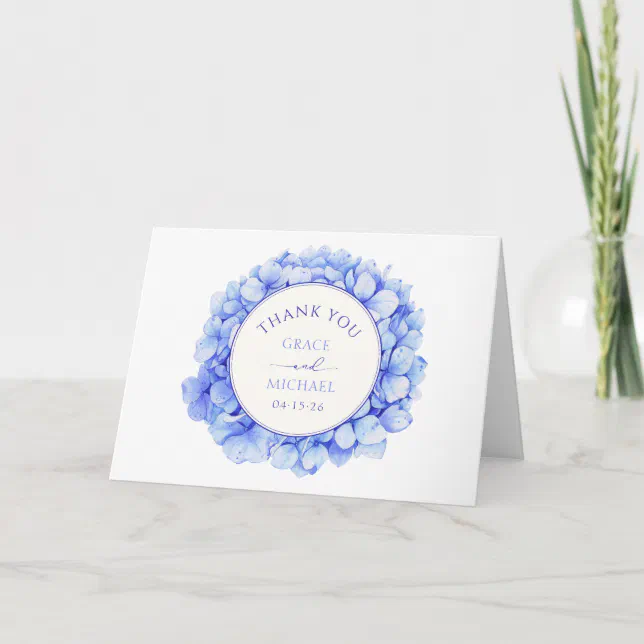Elegant Blue Watercolor Hydrangea Custom Wedding Thank You Card | Zazzle