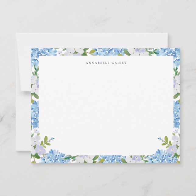 Elegant Blue Watercolor Hydrangea Personalized Note Card (Front)