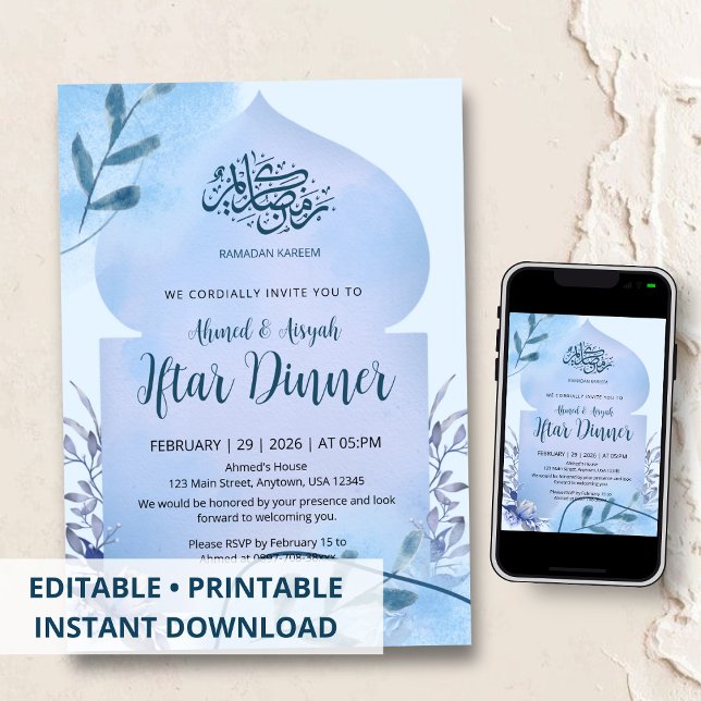 Elegant Blue Watercolor Islamic Iftar Dinner Invitation (Creator Uploaded)