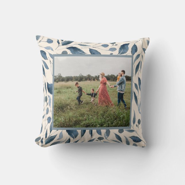 Elegant Blue Watercolor Leaf Custom Family Photo Throw Pillow (Front)