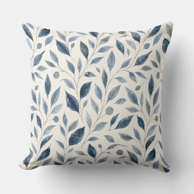 Elegant Blue Watercolor Leaves Pattern  Throw Pillow (Front)