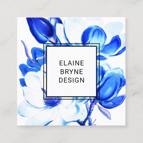 Elegant Blue Watercolor Magnolia Floral Square Squ Square Business Card
