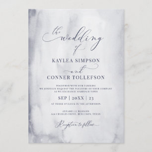 Elegant Blue Watercolor Marble Calligraphy Wedding Invitation