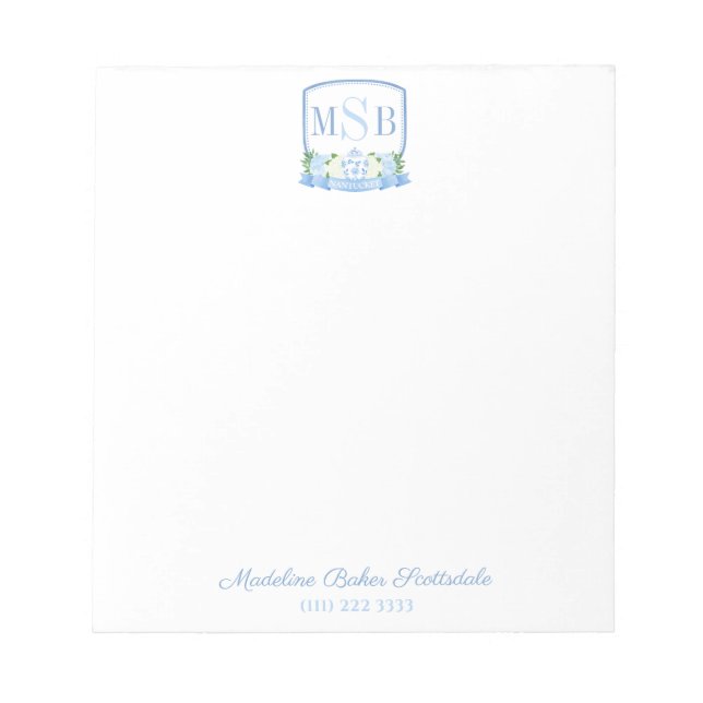 Elegant Blue Watercolor Monogram Crest Lady's Notepad (Front)