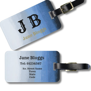 Elegant Blue Watercolor Monogram Ombre Luggage Tag