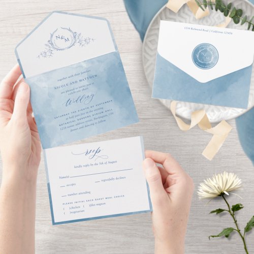 Elegant Blue Watercolor Monogram Wedding All In On All In One Invitation