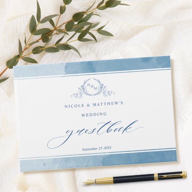 Elegant Blue Watercolor Monogram Wedding Guest Boo Book (Creator Uploaded)