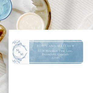 Elegant Blue Watercolor, Monogram Wedding Label