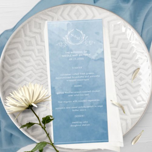 Elegant Blue Watercolor Monogram Wedding Menu