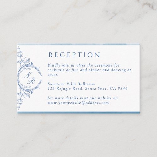 Elegant Blue Watercolor Monogram Wedding Reception Enclosure Card