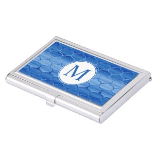 Elegant Blue Watercolor Ogee Pattern with Monogram Business Card Case