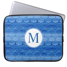 Elegant Blue Watercolor Ogee Pattern with Monogram Laptop Sleeve