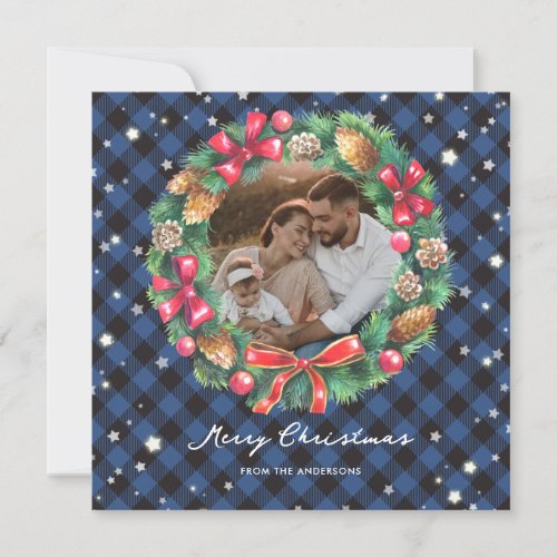 Elegant Blue Watercolor Photo Merry Christmas Holiday Card