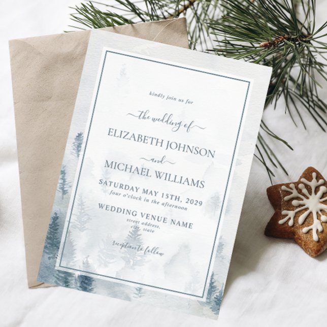 Elegant Blue Watercolor Pine Trees Winter Wedding Invitation (Winter Wedding Invitation)