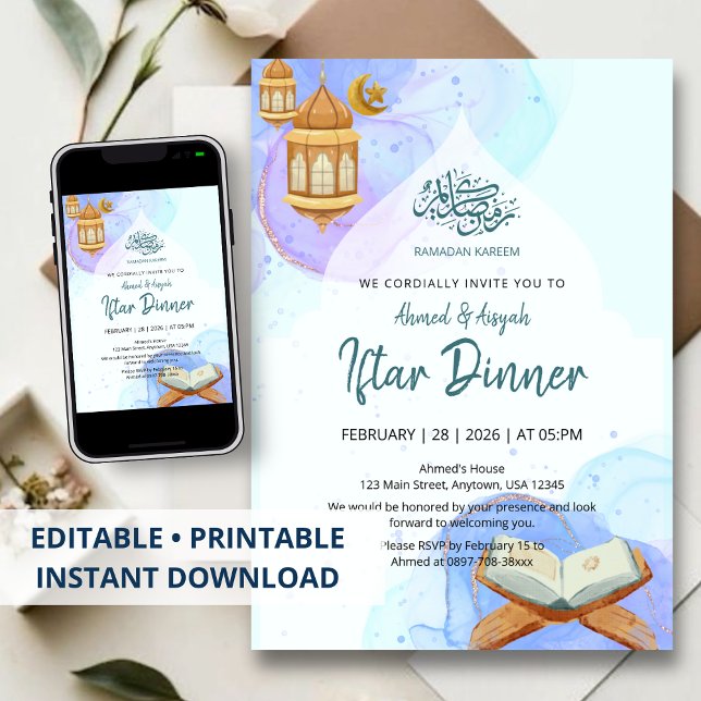 Elegant Blue Watercolor Ramadan Iftar Dinner Invitation (Creator Uploaded)