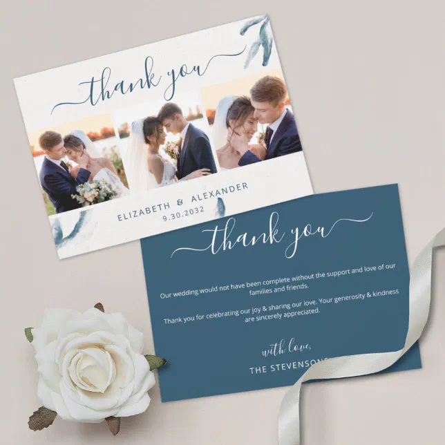 Elegant blue watercolor romantic wedding 3 photo thank you card | Zazzle