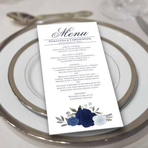 Elegant Blue Watercolor Roses Boho Chic Wedding Menu