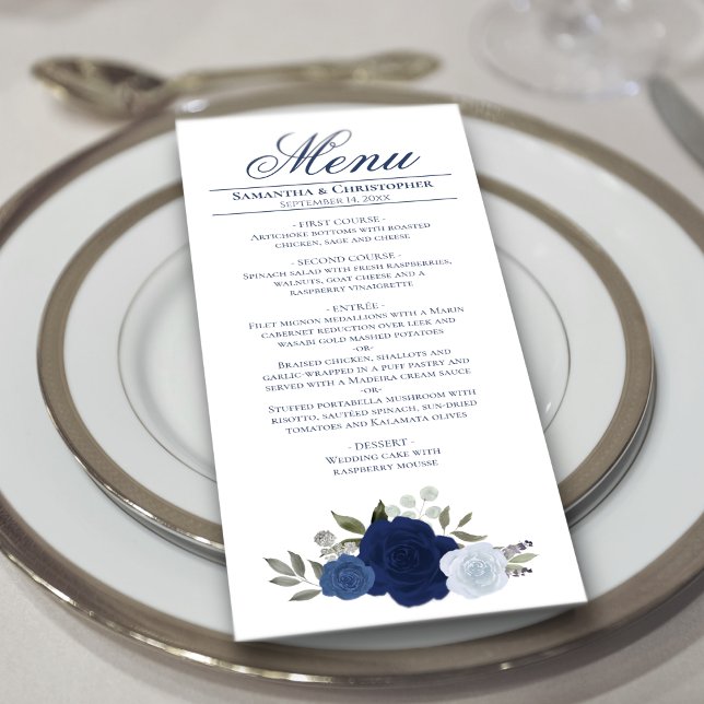 Elegant Blue Watercolor Roses Boho Chic Wedding Menu (Creator Uploaded)