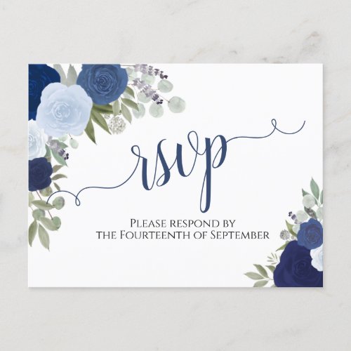 Elegant Blue Watercolor Roses Wedding RSVP Postcard
