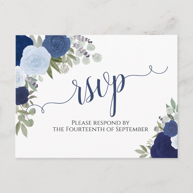 Elegant Blue Watercolor Roses Wedding RSVP Postcard (Front)