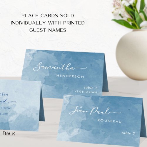 Elegant Blue Watercolor Script Wedding Place Cards