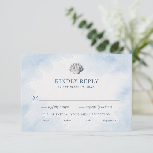 Elegant Blue Watercolor Seashell Beach RSVP Card
