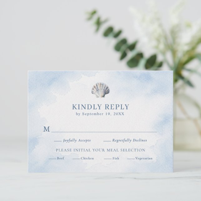 Elegant Blue Watercolor Seashell Beach RSVP Card (Standing Front)