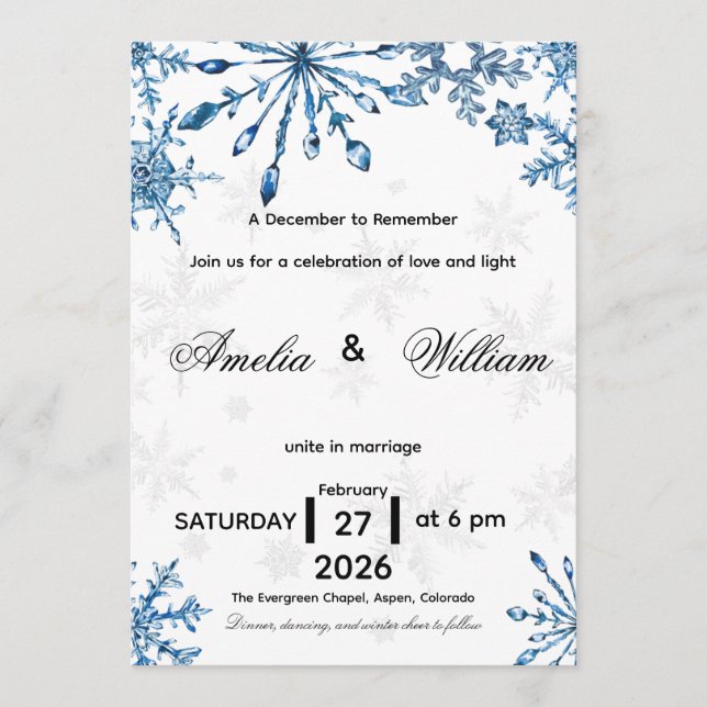Elegant Blue Watercolor Snowflake Wedding Invite (Front)
