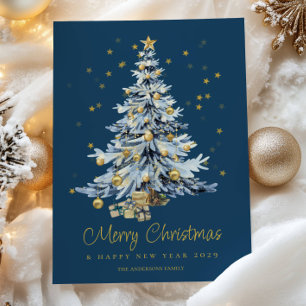 Elegant Blue Watercolor Tree Christmas Holiday Card
