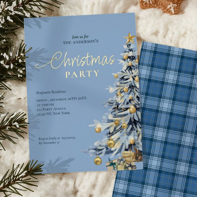 Elegant Blue Watercolor Tree Christmas Party  Foil Invitation (Creator Uploaded)