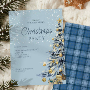 Elegant Blue Watercolor Tree Christmas Party Holiday Card